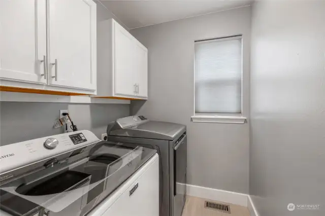 Nice white storage cabinets. Newer washer and dryer that stay with the home!
