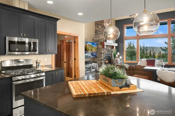 Large island with storage.  Plenty of room for prep and serving guests.