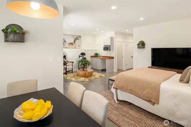 The lower level studio/flex space includes a wet bar with microwave and under counter refrigerator.