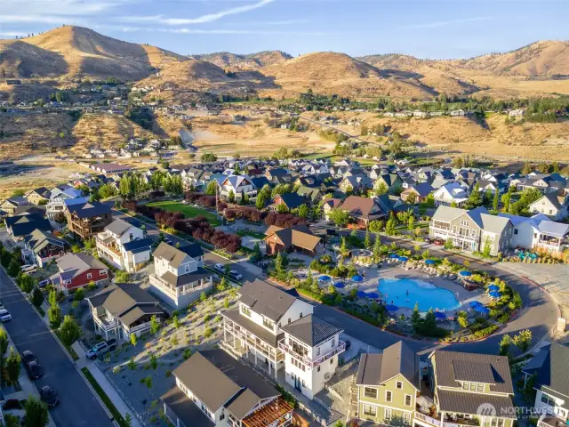 Exterior daytime view looking NE with views of the Hilltop Pool and Park.