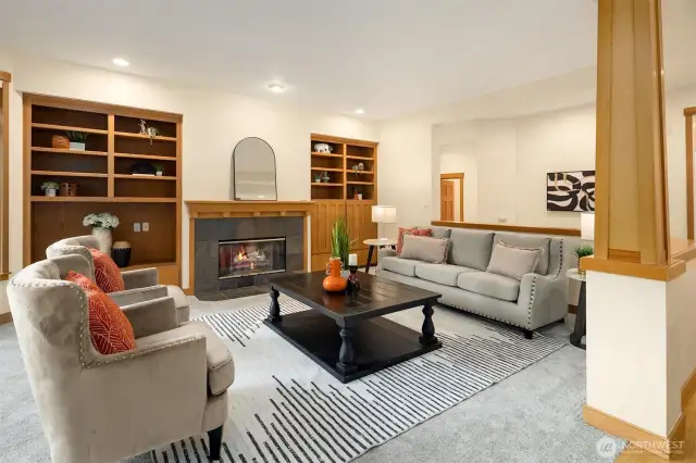 Cozy family room with built-ins and warm, inviting charm.
