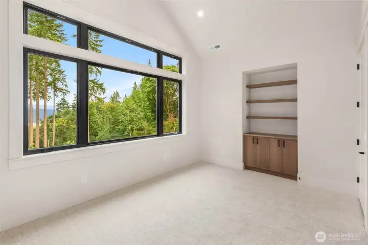 bedroom with a view, custom built ins and massive walk in closet with custom shelving and drawers.