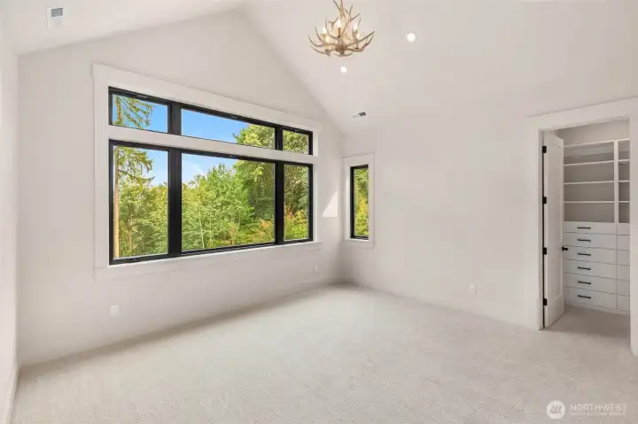 another large bedroom with a view and custom-built ins in closet.