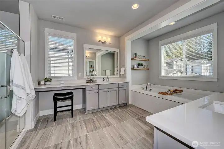 5-piece primary ensuite - double sink, soaking tub, tiled shower, separate toilet room