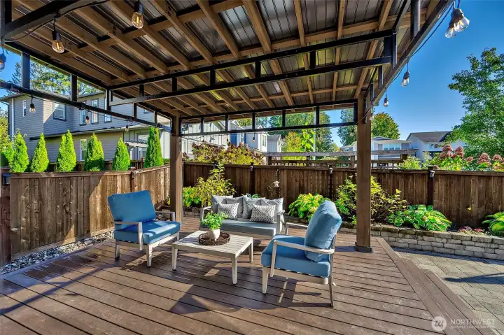 Backyard with covered deck