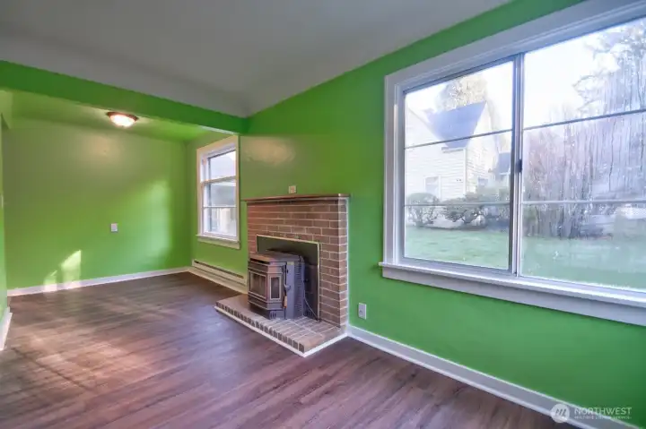 Living room with pellet stove.