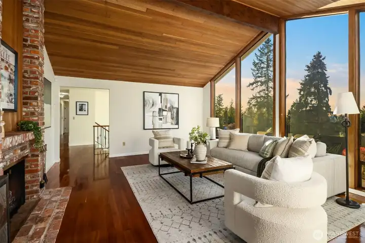 Incredible elevated view from the living room with desirable original beams and timber ceiling