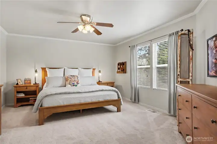 Primary bedroom suite has serene views and ceiling fan.
