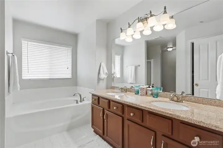 Primary bath features a large walk in closet with organizers.