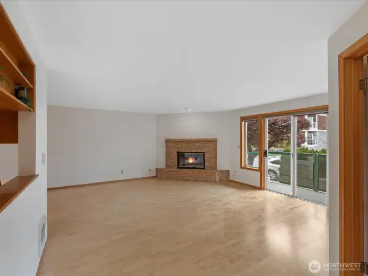 View of the living room and fireplace