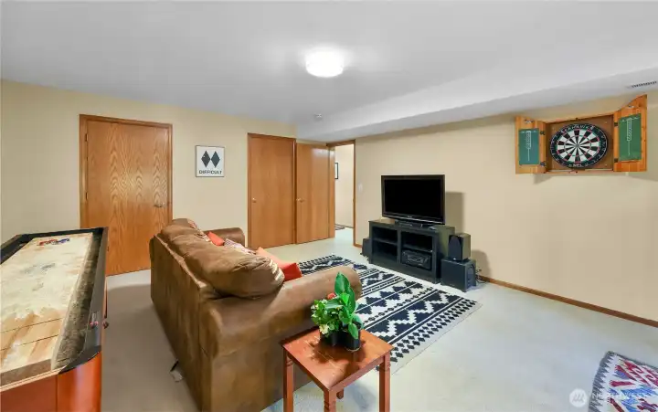 Pull out couch, shuffle board, dart board.