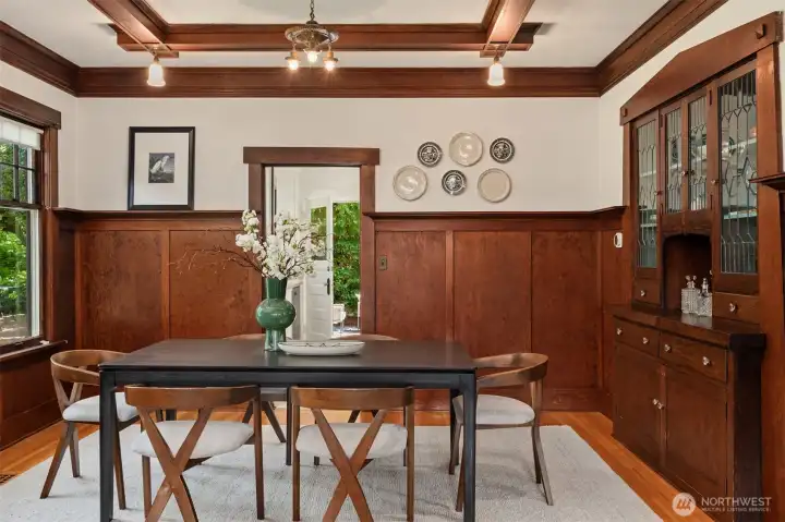 A built-in hutch with leaded glass windows completes this gorgeous dining room. A built-in hutch with leaded glass windows completes this gorgeous dining room.