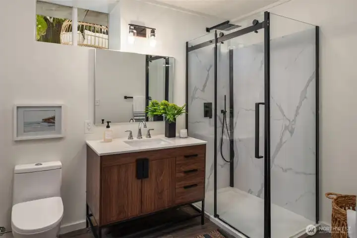 The three quarter bath is the third bathroom in the house. The three quarter bath is the third bathroom in the house.