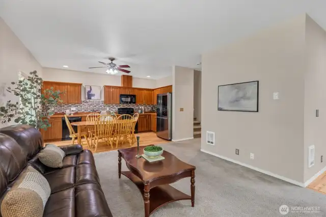 Living room looking at eating area and kitchen