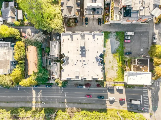 Aerial view shows off the brand new flat top roof is in pristine condition.