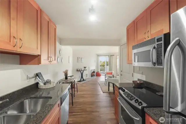 The kitchen is open to the living area for easy hosting.