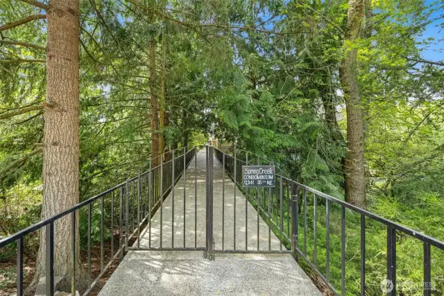 Walkway over creek to front door from 35th.