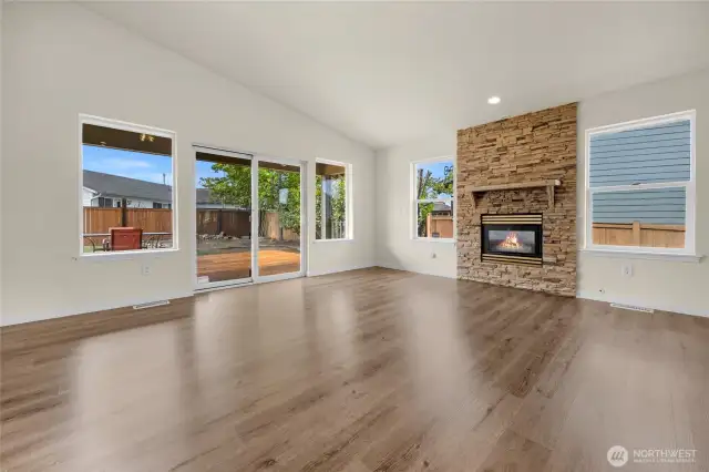 Open concept living room with fire place