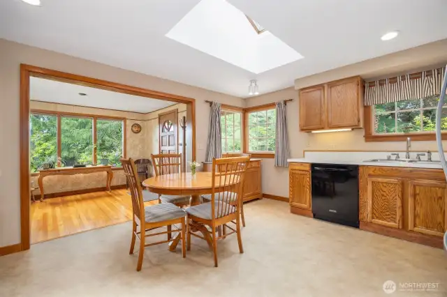 The dining area is currently in the kitchen but there are many other possibilities for it to be. The kitchen is very spacious and has an abundance of cabinets and counter space.
