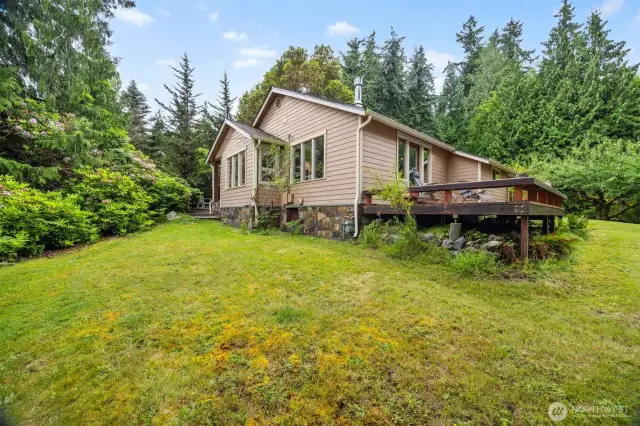 The home has HardiPlank siding that was place number of years ago and the stone from the patio and walkway is also on the concrete foundation.