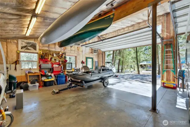 The garage is built solid with concrete floors, large glu-lam beams and steel columns.