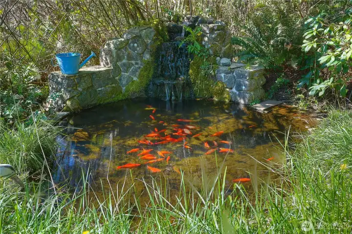 Beautiful koi pond with a cascading water feature creates a peaceful and inviting outdoor setting. Surrounded by natural landscaping, it offers a tranquil space to relax and enjoy the property’s serene environment.