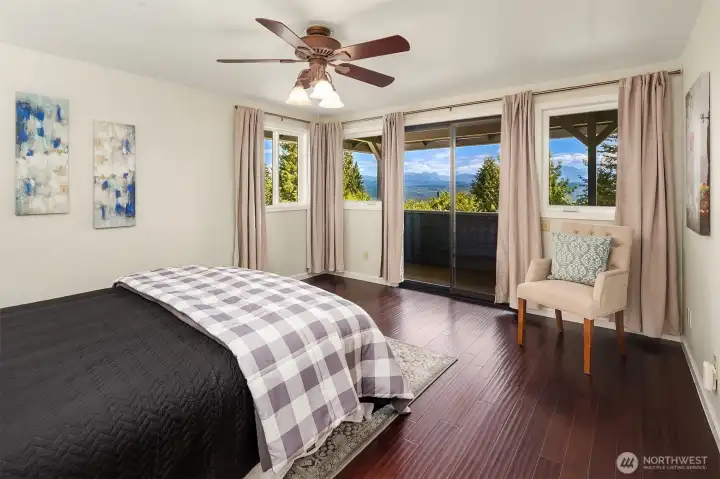 Primary suite with views of the Cascades. Primary suite with views of the Cascades.