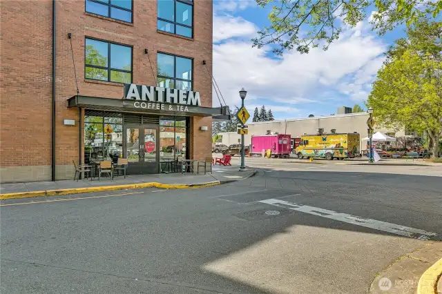 Great Coffee shop located on the corner of the building & check out the fun food trucks.