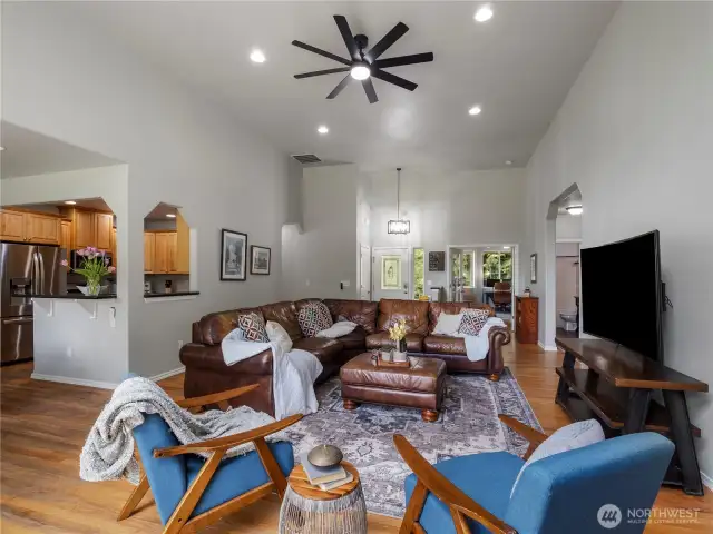 Large living room opens to the kitchen and eat-in dining space. The home was just freshly painted a soft neutral color.