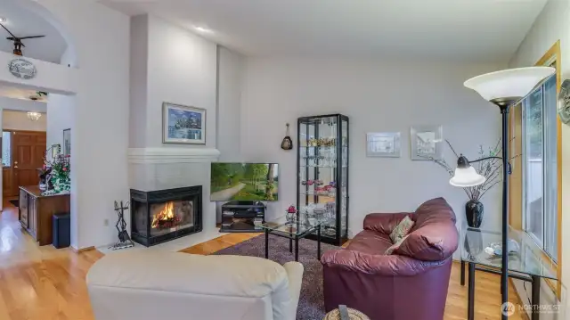 The family room has a tall ceiling with a warm gas log fireplace in addition to the peaceful views of your own backyard.
