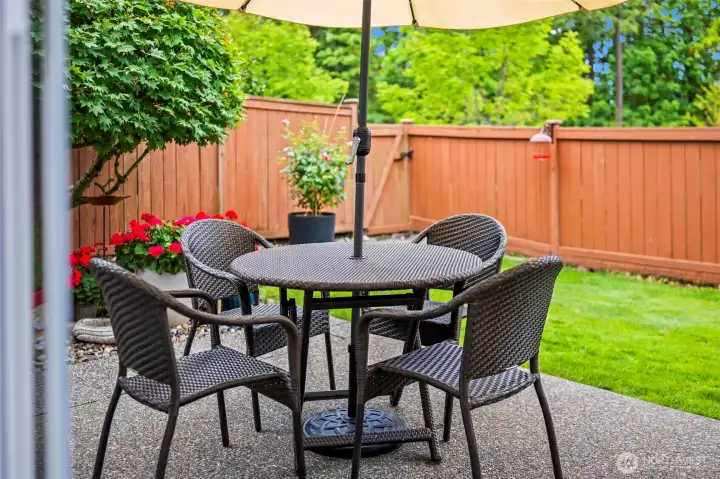 Step out the sliding door of the living room and into a backyard oasis.
