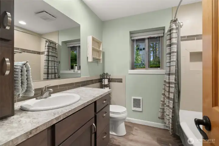 Large lower-level bathroom.