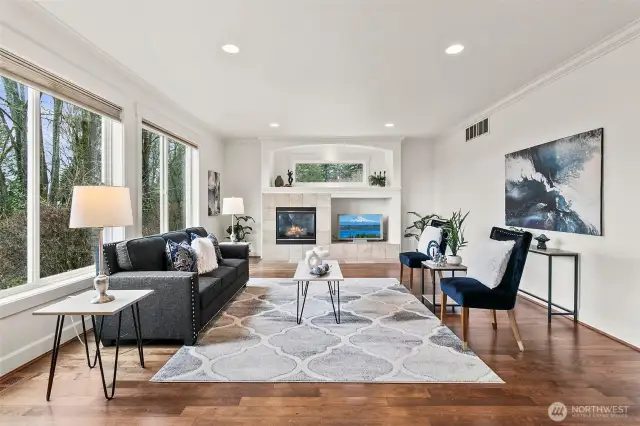 Very large family room off the kitchen with a gas fireplace.