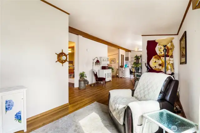 From the family room, a view into the dining area.