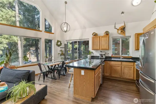 Dining room and kitchen with ample seating for all.  Imagine entertaining in this space, you could be a part of the party, while cooking and at the same time doing all of that with a view of the trees and nature outside.