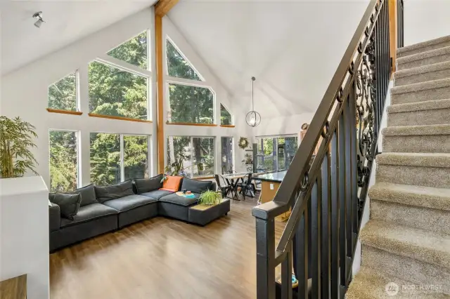 Carpeted stairs add a nice warm touch to the home.