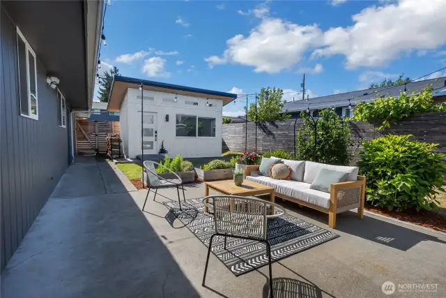 Private fenced yard that looks out to the new office.