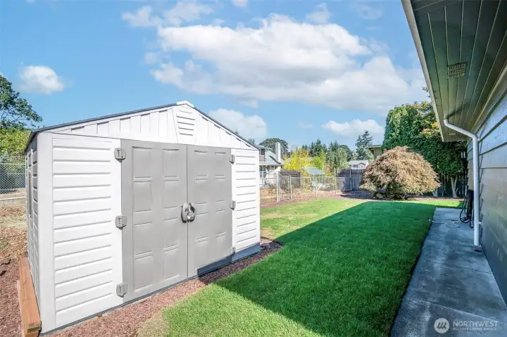 Storage shed in back yard conveys with sale.