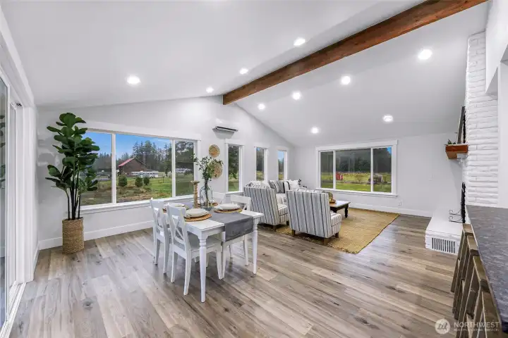 View of living and dining from kitchen