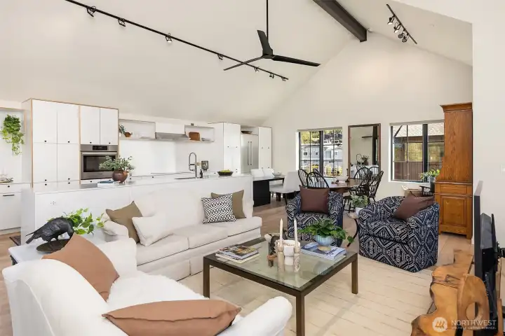 Looking across the upper living space from the living room.
