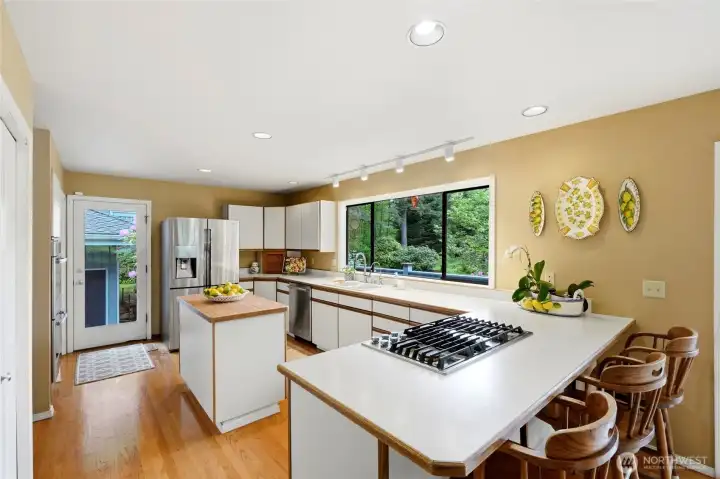 The kitchen door leads to the wrap around deck and down to the garage and DADU apartment.