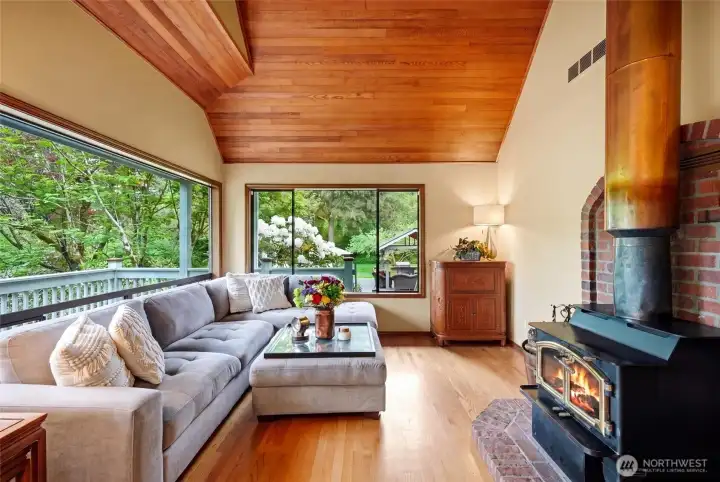 The wood stove in the family room is plumbed to heat the bedrooms as a secondary heat source, should the need arise.