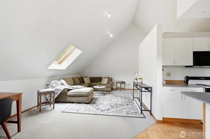 Huge skylights invite natural light into the living room space of the DADU.