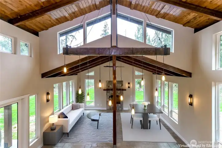 LED lighting, cedar tongue and groove ceiling