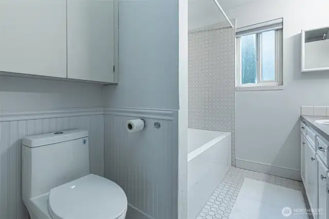 Upstairs full bathroom has been remodeled.