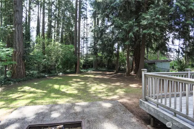 Built in fire pit with expansive backyard