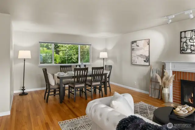Dining room looks over the pretty yard