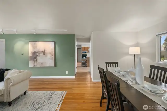 Dining room with kitchen beyond