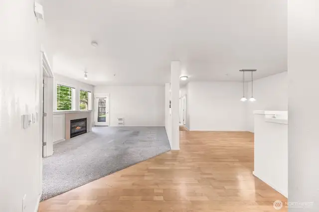 1 bedroom on the left, Living straight forward and kitchen on the right.