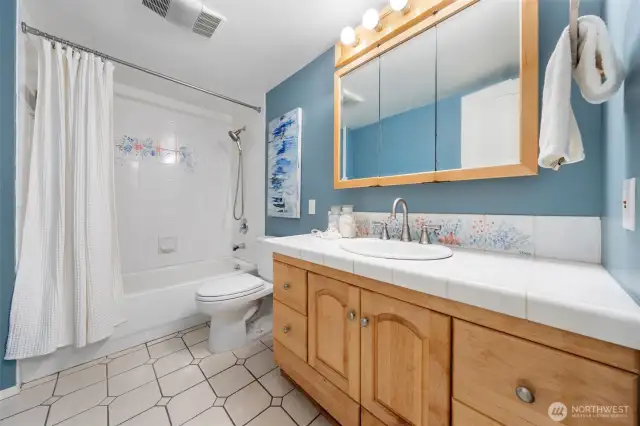 The lower level full bathroom featuring tiled counters, abundant storage, and a tub/shower combo with charming floral details.